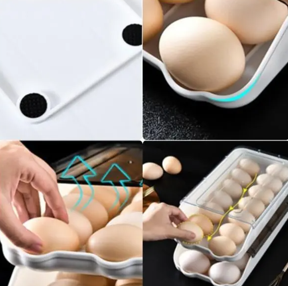 High Quality Auto Scrolling Egg Storage Holder Kitchen Egg Holder Refrigerator Egg Organizer with Lid